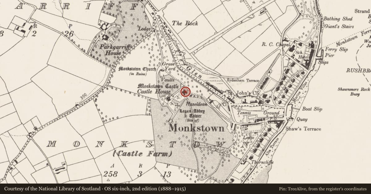 Ordnance Survey six-inch map, 2nd edition (1888–1915) covering the location of House - fortified house, Monkstown (Castle Farm), County Cork, with a pin at the register's coordinates