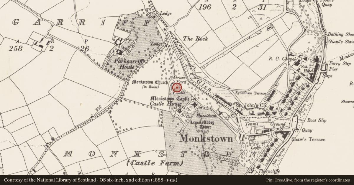 Ordnance Survey six-inch map, 2nd edition (1888–1915) covering the location of Graveyard, Monkstown (Castle Farm), County Cork, with a pin at the register's coordinates