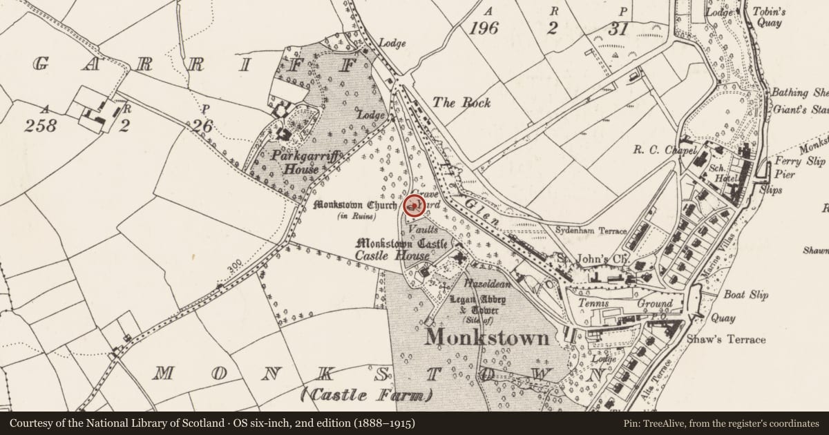 Ordnance Survey six-inch map, 2nd edition (1888–1915) covering the location of Church, Monkstown (Castle Farm), County Cork, with a pin at the register's coordinates