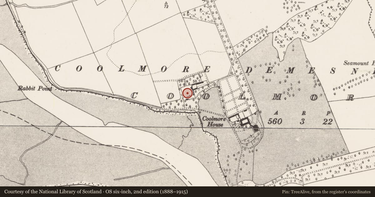 Ordnance Survey six-inch map, 2nd edition (1888–1915) covering the location of Building, Coolmore, County Cork, with a pin at the register's coordinates