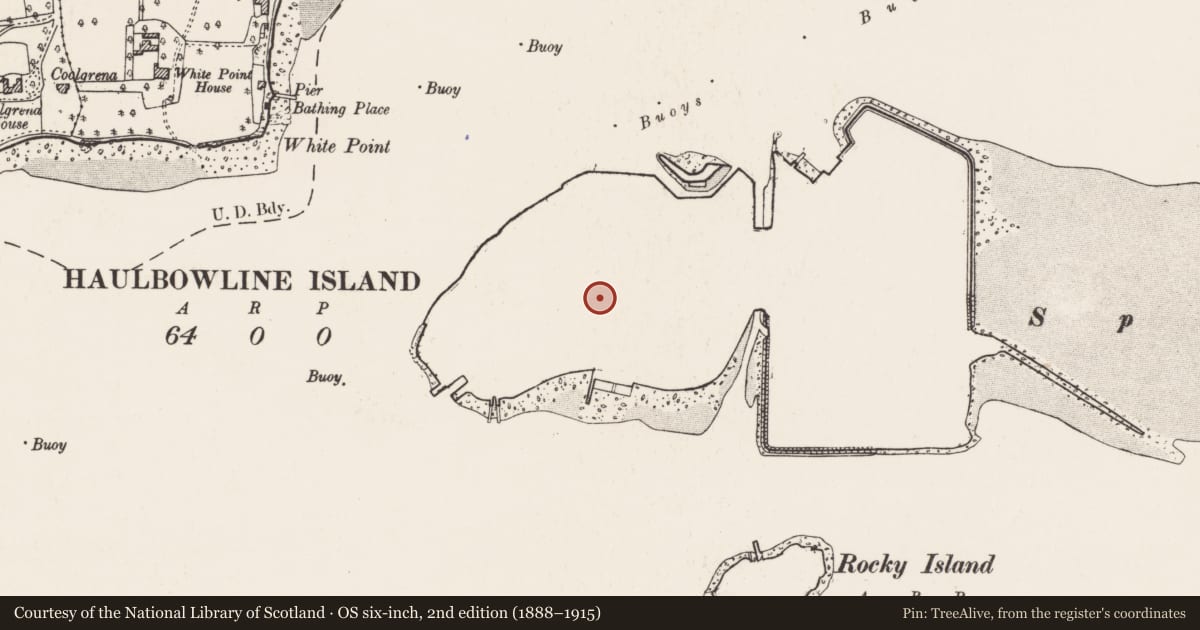 Ordnance Survey six-inch map, 2nd edition (1888–1915) covering the location of Barracks, Haulbowline Island, County Cork, with a pin at the register's coordinates