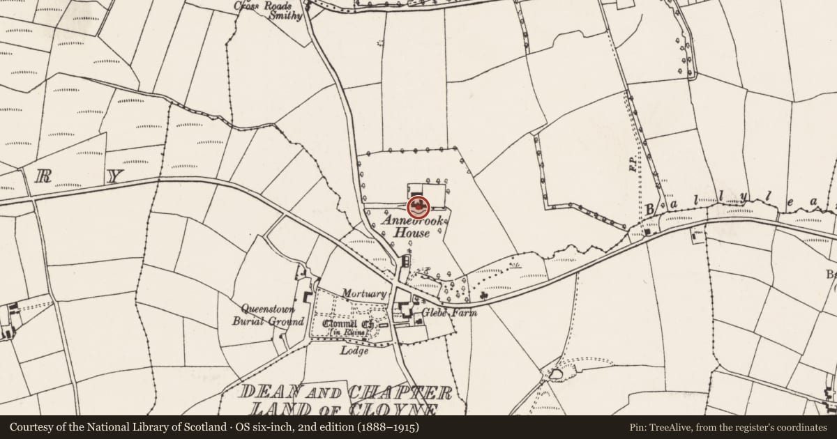 Ordnance Survey six-inch map, 2nd edition (1888–1915) covering the location of Country house, Ballynacrusha, County Cork, with a pin at the register's coordinates