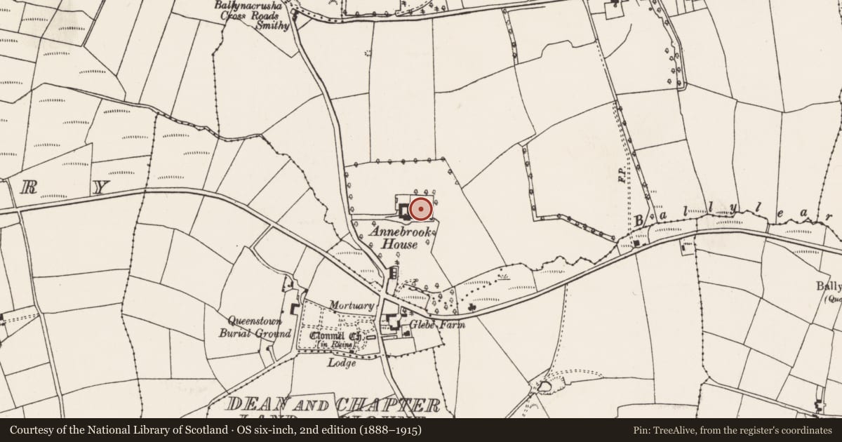 Ordnance Survey six-inch map, 2nd edition (1888–1915) covering the location of Bee-boles, Ballynacrusha, County Cork, with a pin at the register's coordinates