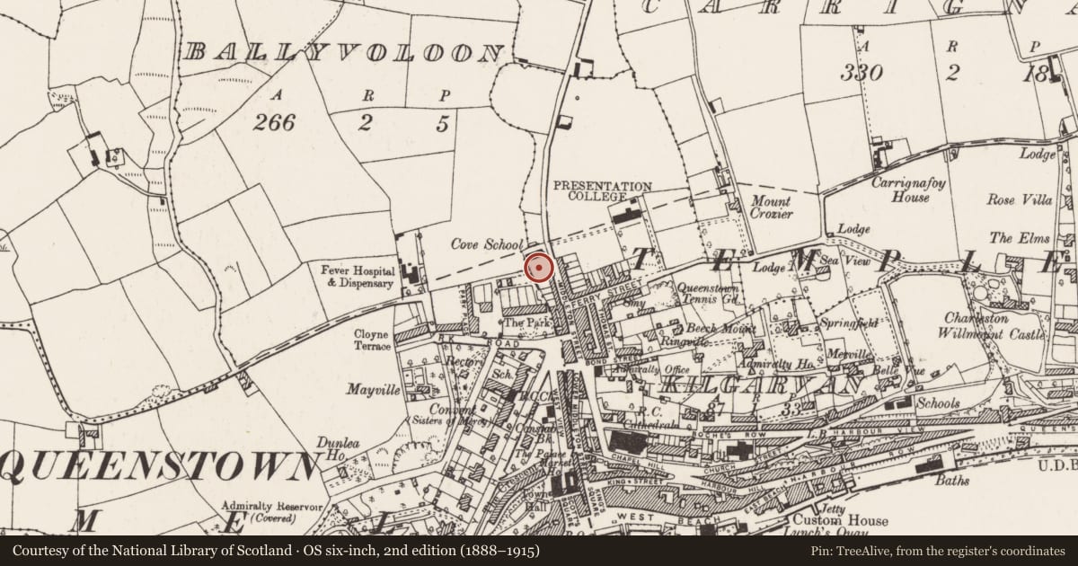Ordnance Survey six-inch map, 2nd edition (1888–1915) covering the location of Burial ground, Kilgarvan, County Cork, with a pin at the register's coordinates