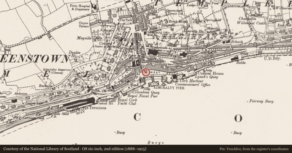 Ordnance Survey six-inch map, 2nd edition (1888–1915) covering the location of Graveyard, Kilgarvan, County Cork, with a pin at the register's coordinates