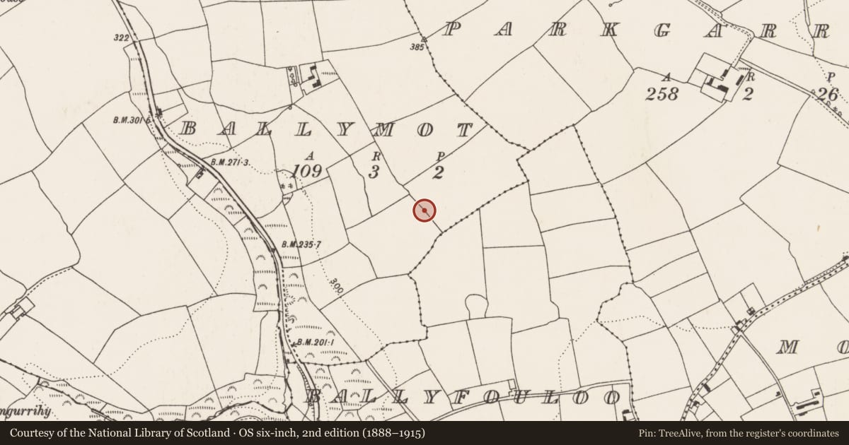 Ordnance Survey six-inch map, 2nd edition (1888–1915) covering the location of Enclosure, Ballymot, County Cork, with a pin at the register's coordinates
