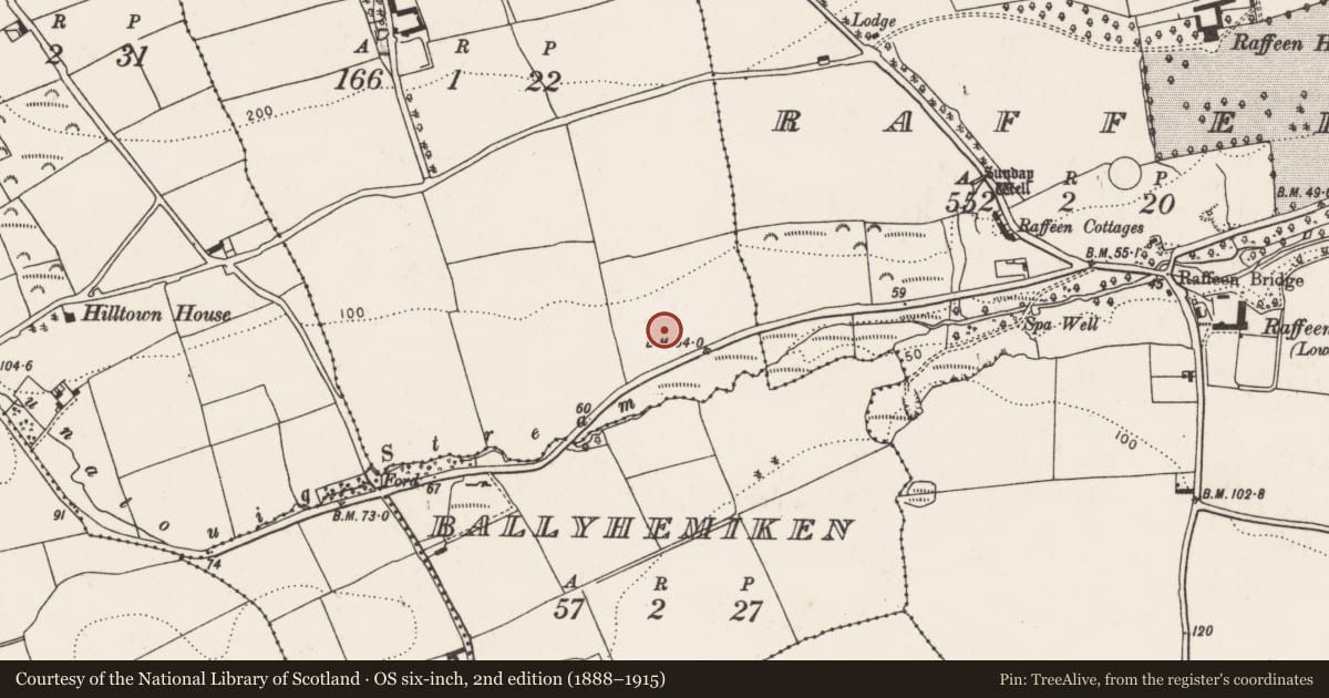 Ordnance Survey six-inch map, 2nd edition (1888–1915) covering the location of Fulacht fia, Ballynametagh, County Cork, with a pin at the register's coordinates