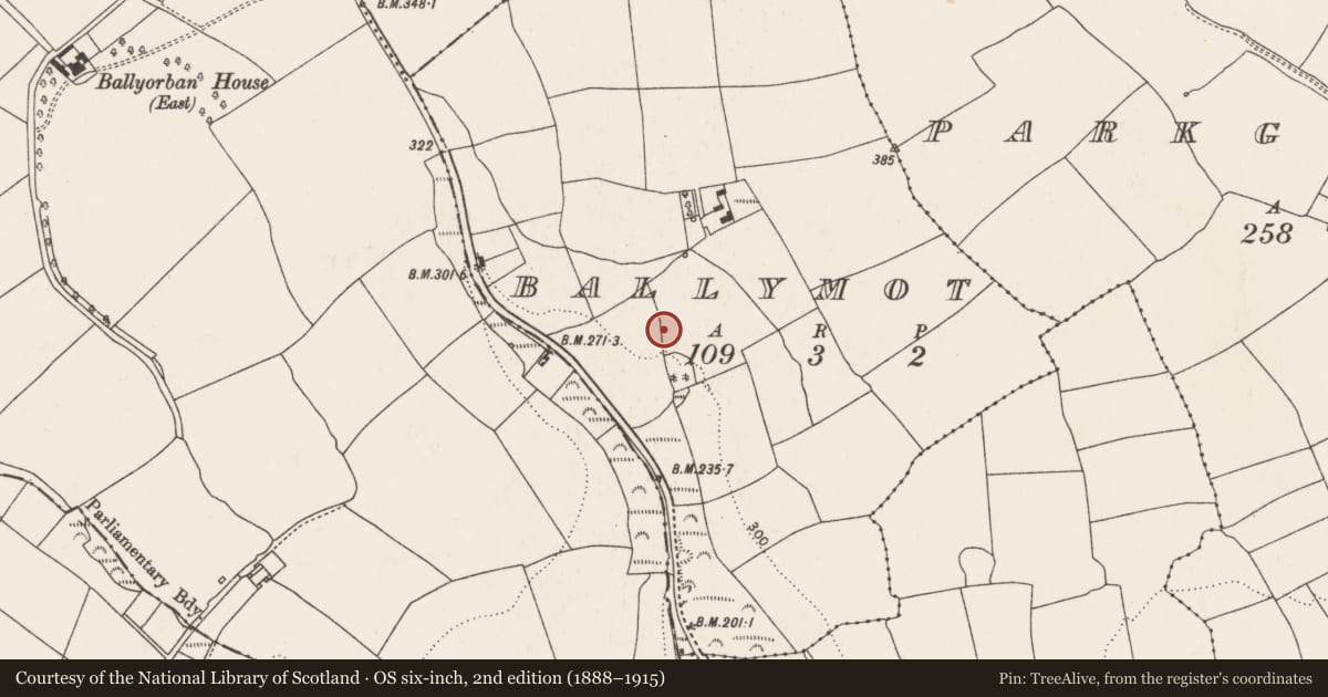 Ordnance Survey six-inch map, 2nd edition (1888–1915) covering the location of Burnt mound, Ballymot, County Cork, with a pin at the register's coordinates