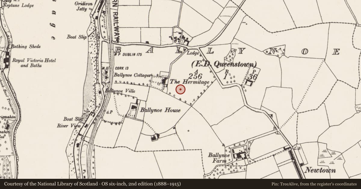 Ordnance Survey six-inch map, 2nd edition (1888–1915) covering the location of Fulacht fia, Ballynoe, County Cork, with a pin at the register's coordinates