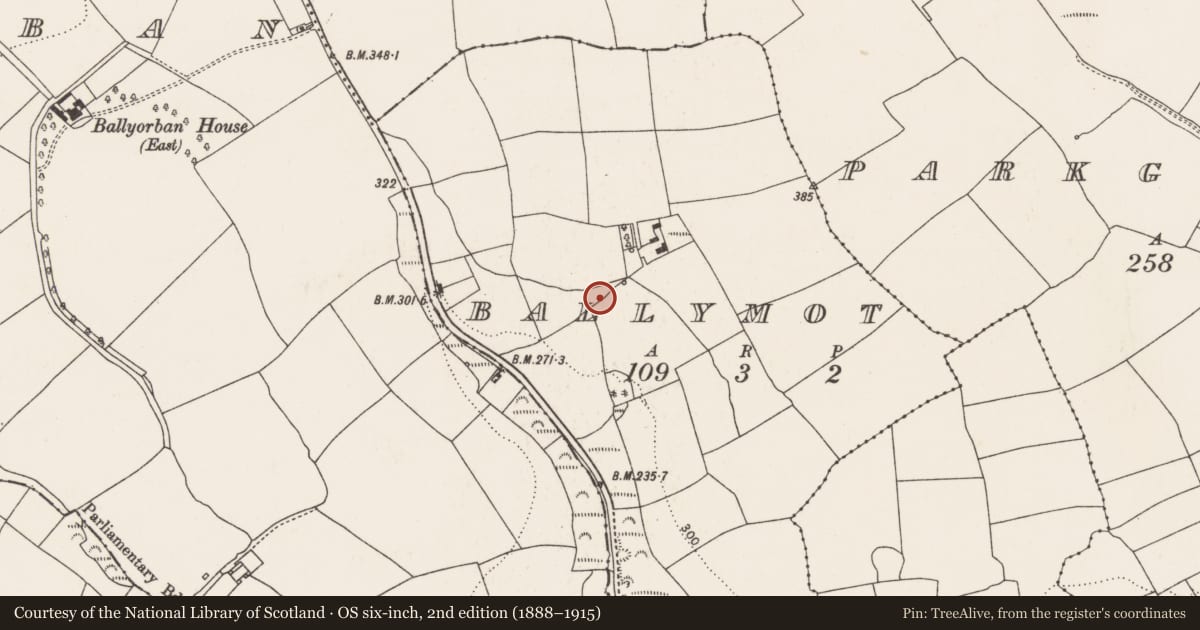 Ordnance Survey six-inch map, 2nd edition (1888–1915) covering the location of Burnt mound, Ballymot, County Cork, with a pin at the register's coordinates