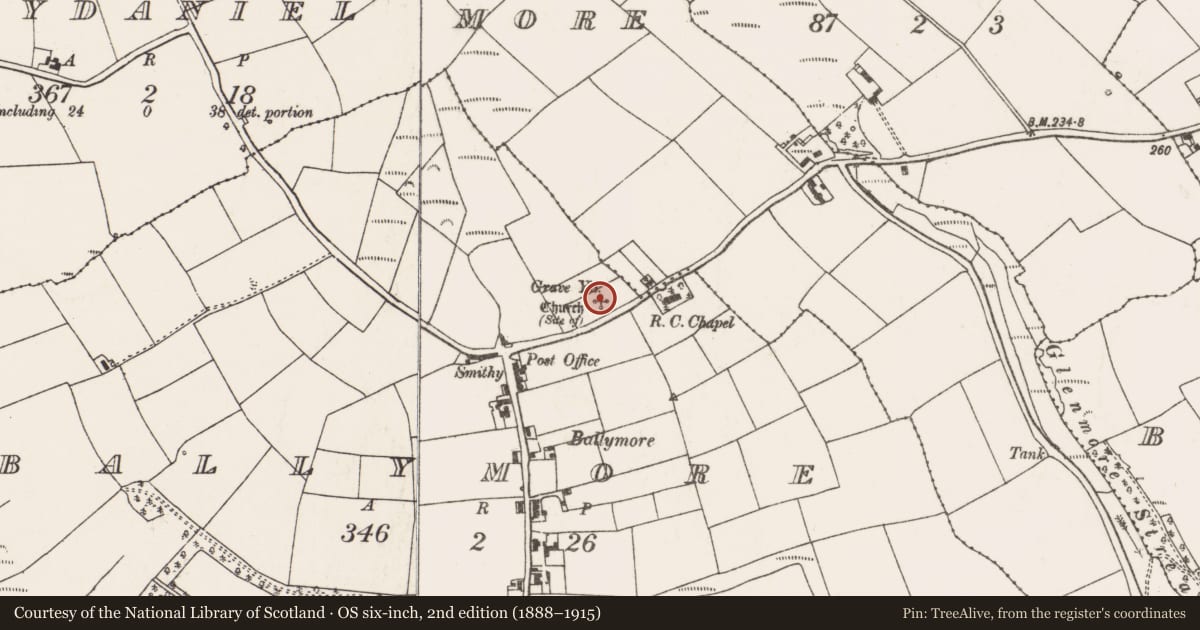 Ordnance Survey six-inch map, 2nd edition (1888–1915) covering the location of Graveyard, Ballymore, County Cork, with a pin at the register's coordinates
