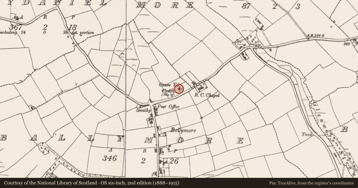 Ordnance Survey six-inch map, 2nd edition (1888–1915) covering the location of Church, Ballymore, County Cork, with a pin at the register's coordinates