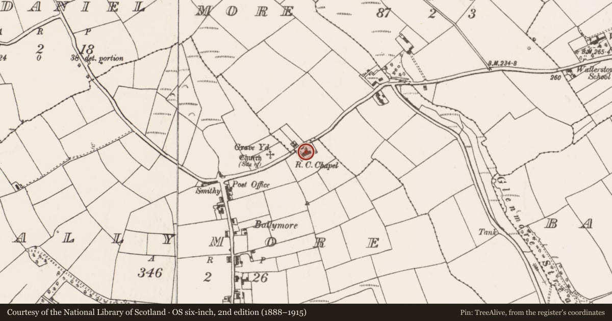Ordnance Survey six-inch map, 2nd edition (1888–1915) covering the location of Church, Ballymore, County Cork, with a pin at the register's coordinates