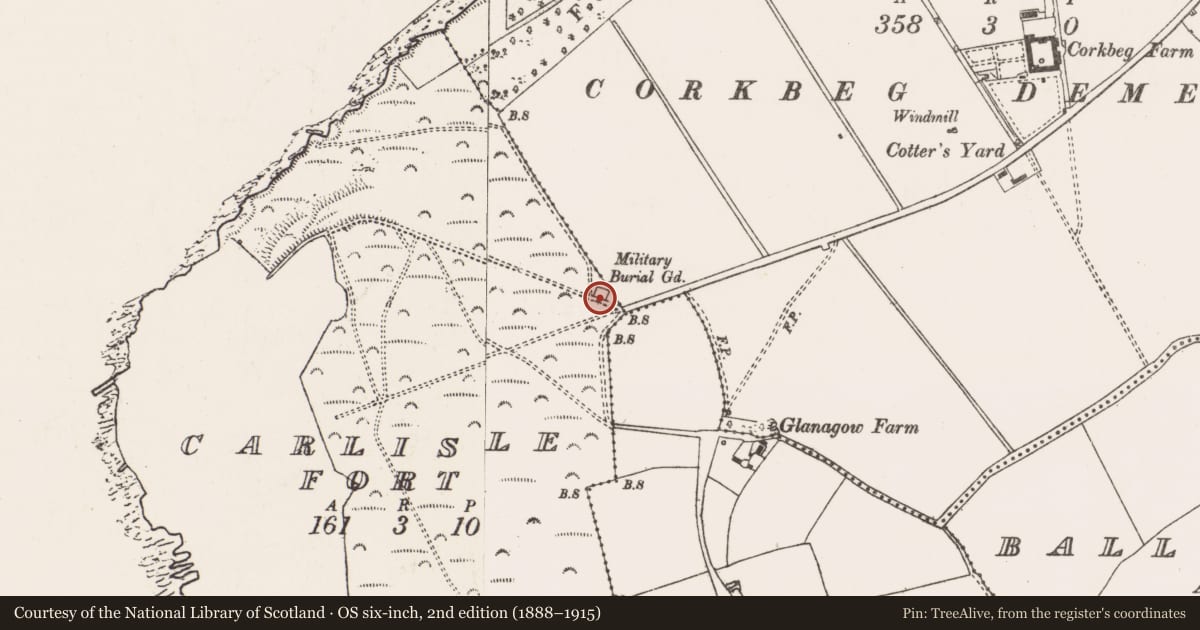 Ordnance Survey six-inch map, 2nd edition (1888–1915) covering the location of Burial ground, Carlislefort, County Cork, with a pin at the register's coordinates