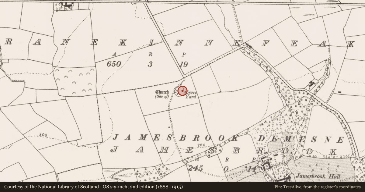 Ordnance Survey six-inch map, 2nd edition (1888–1915) covering the location of Graveyard, Jamesbrook, County Cork, with a pin at the register's coordinates