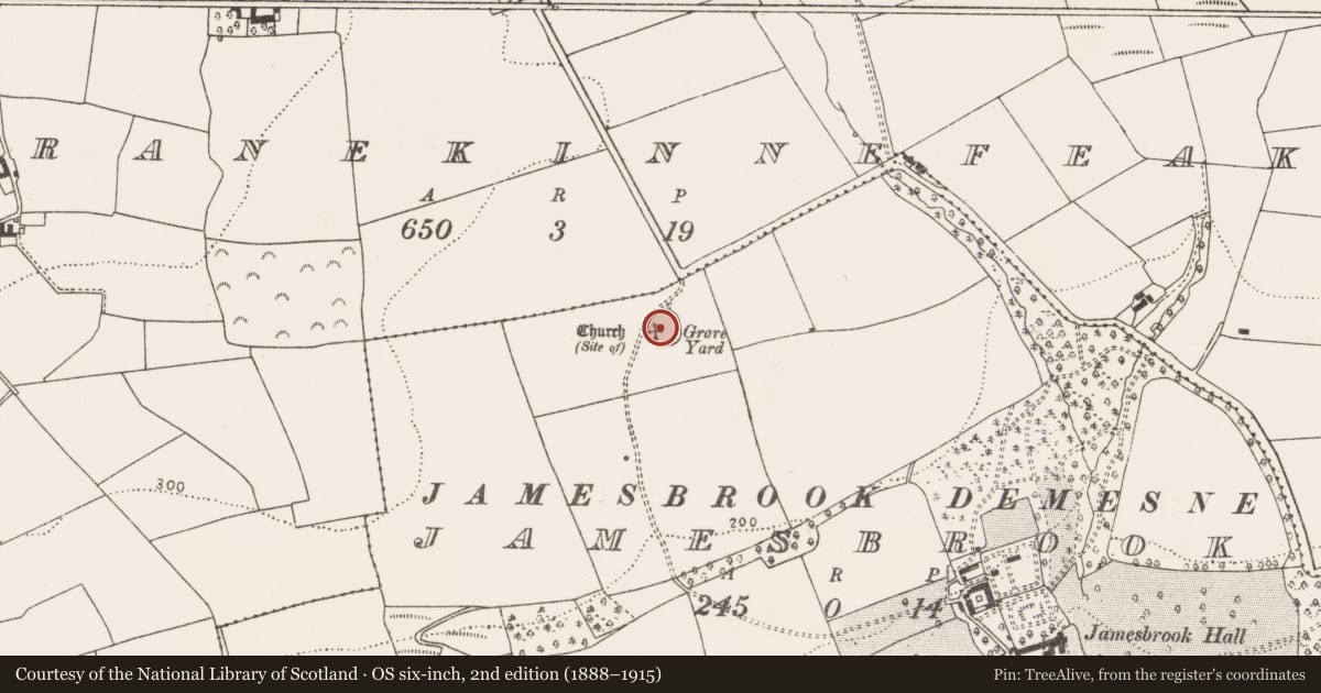Ordnance Survey six-inch map, 2nd edition (1888–1915) covering the location of Church, Jamesbrook, County Cork, with a pin at the register's coordinates