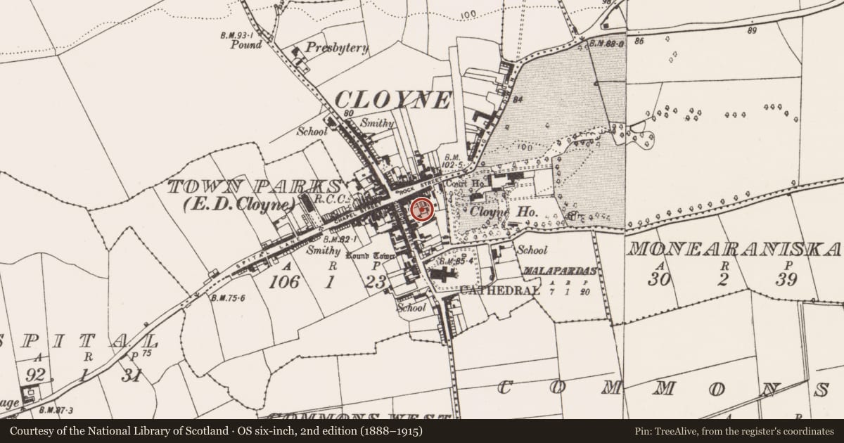 Ordnance Survey six-inch map, 2nd edition (1888–1915) covering the location of Historic town, County Cork, with a pin at the register's coordinates