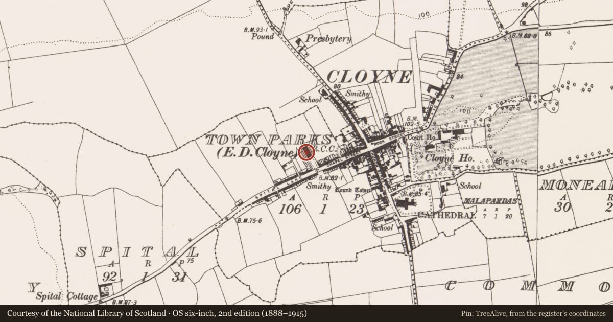 Ordnance Survey six-inch map, 2nd edition (1888–1915) covering the location of Church, Townparks (Imokilly By., Cloyne Par.), County Cork, with a pin at the register's coordinates