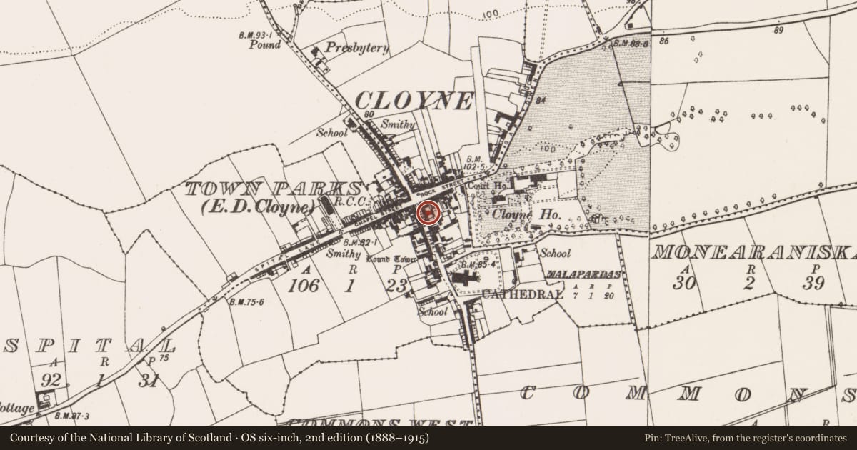 Ordnance Survey six-inch map, 2nd edition (1888–1915) covering the location of Warehouse, Townparks (Imokilly By., Cloyne Par.), County Cork, with a pin at the register's coordinates