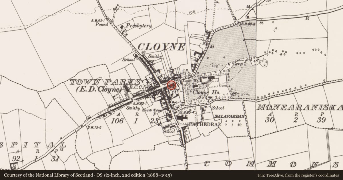 Ordnance Survey six-inch map, 2nd edition (1888–1915) covering the location of House - 16th/17th century, Townparks (Imokilly By., Cloyne Par.), County Cork, with a pin at the register's coordinates