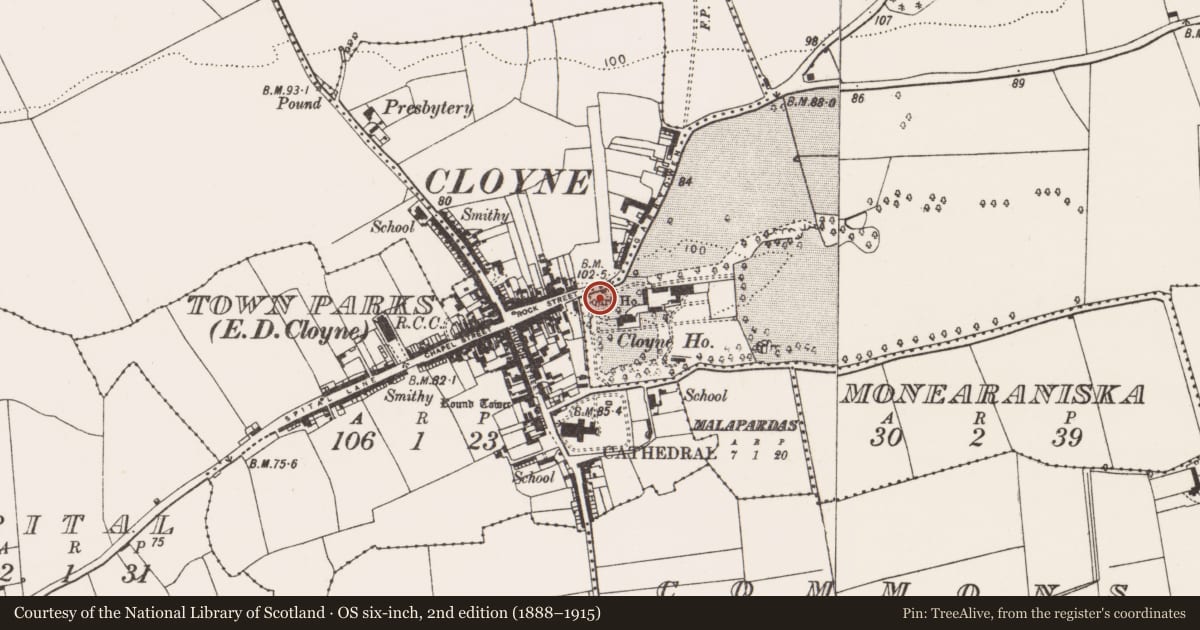 Ordnance Survey six-inch map, 2nd edition (1888–1915) covering the location of House - fortified house, Demesne, County Cork, with a pin at the register's coordinates