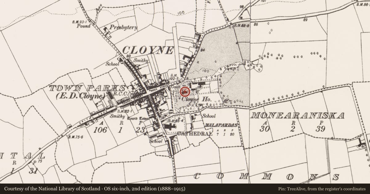 Ordnance Survey six-inch map, 2nd edition (1888–1915) covering the location of Country house, Demesne, County Cork, with a pin at the register's coordinates