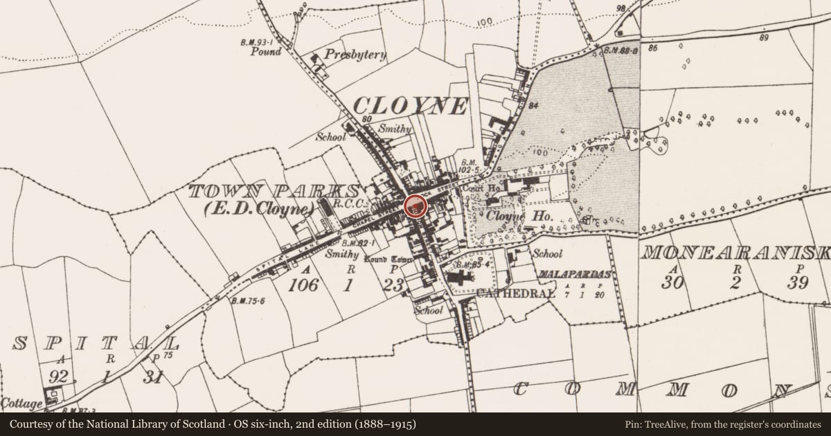 Ordnance Survey six-inch map, 2nd edition (1888–1915) covering the location of Castle - tower house, Townparks (Imokilly By., Cloyne Par.), County Cork, with a pin at the register's coordinates