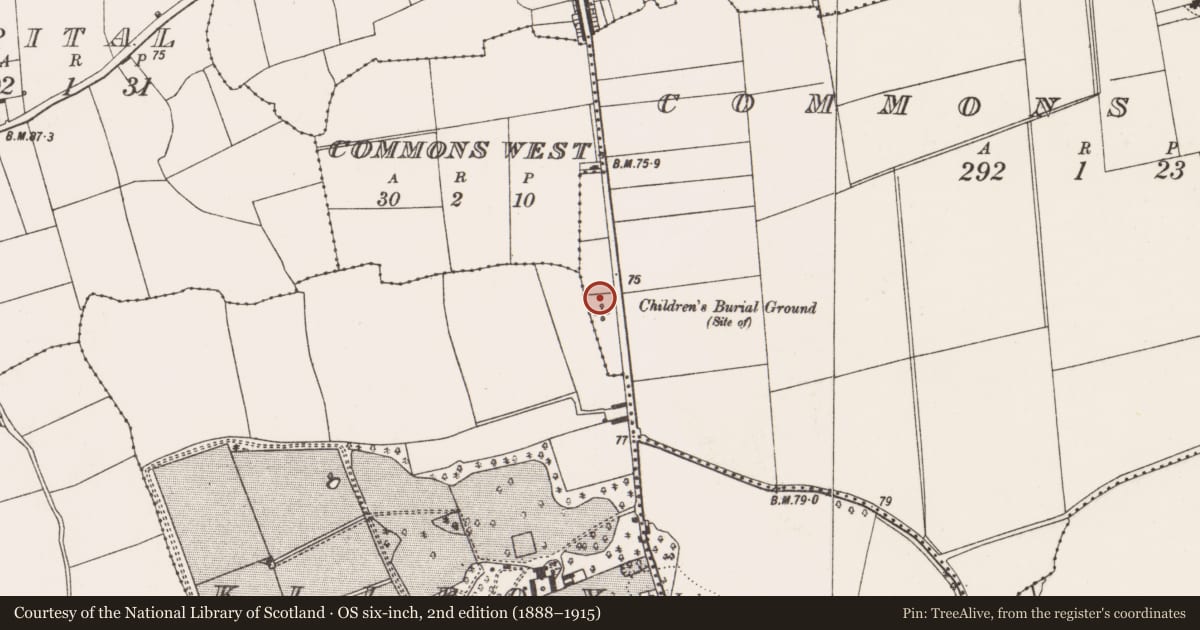 Ordnance Survey six-inch map, 2nd edition (1888–1915) covering the location of Burial ground, Commons East, County Cork, with a pin at the register's coordinates
