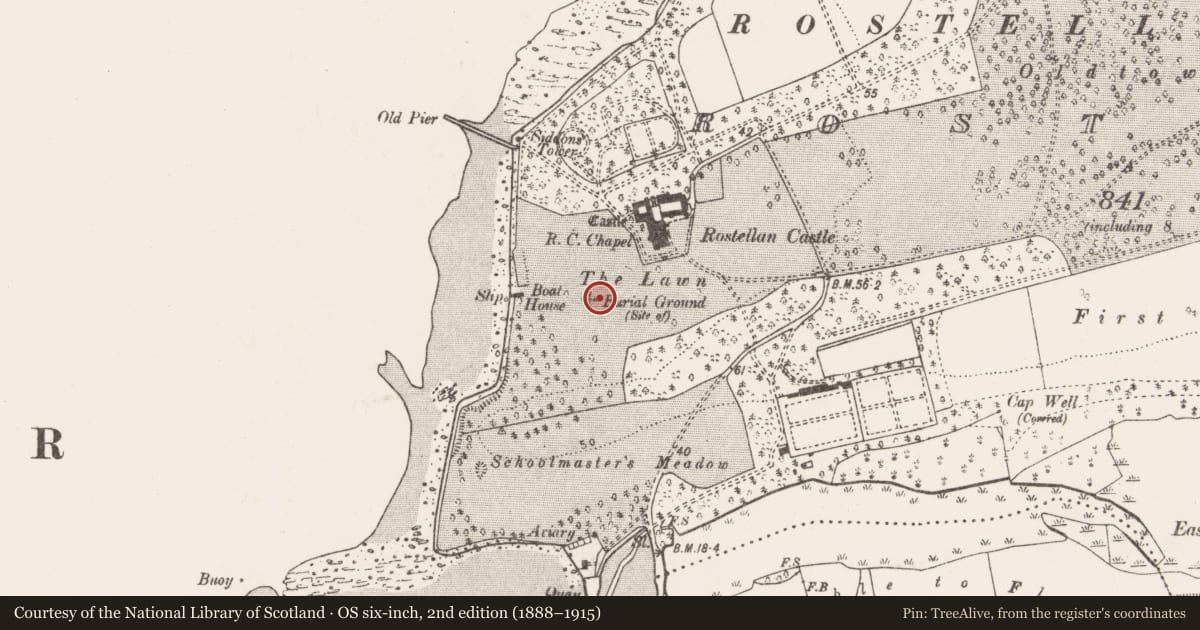 Ordnance Survey six-inch map, 2nd edition (1888–1915) covering the location of Burial ground, Rostellan, County Cork, with a pin at the register's coordinates