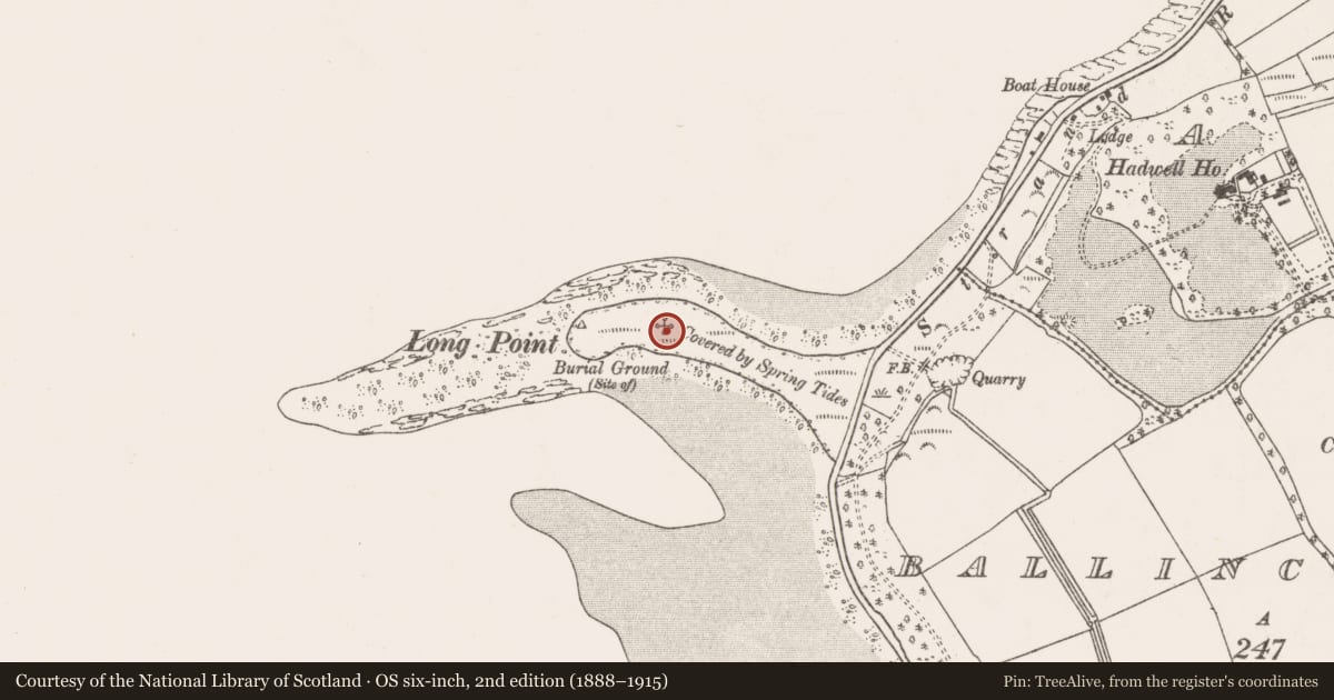Ordnance Survey six-inch map, 2nd edition (1888–1915) covering the location of Burial ground, Ballincarroonig, County Cork, with a pin at the register's coordinates