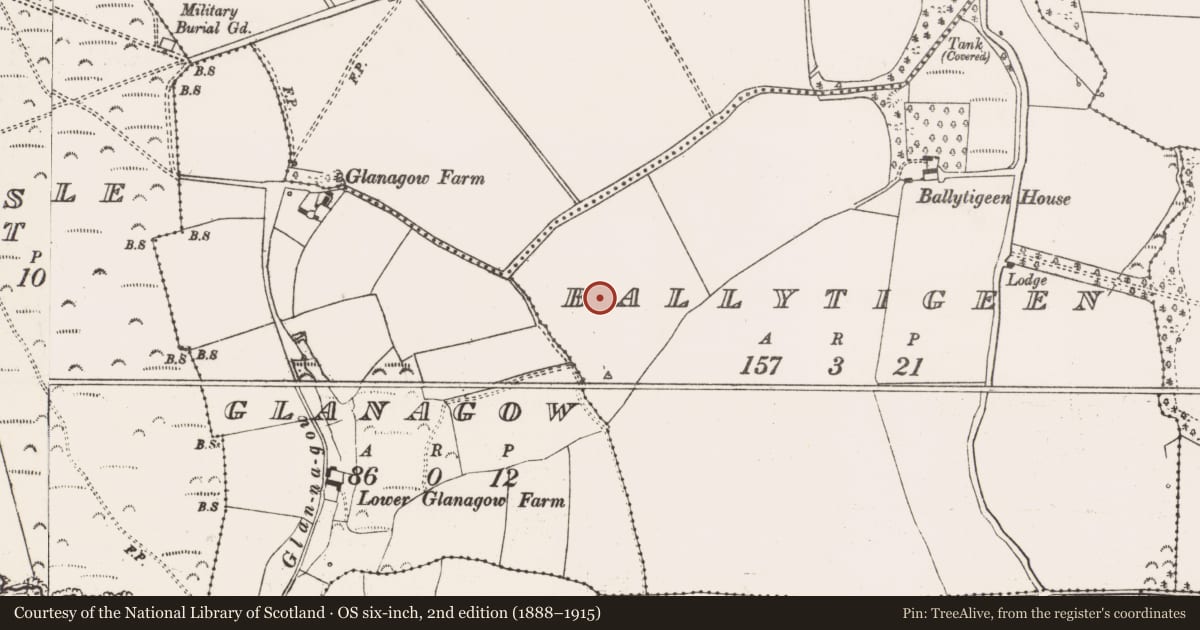 Ordnance Survey six-inch map, 2nd edition (1888–1915) covering the location of Ringfort - rath, Ballytigeen, County Cork, with a pin at the register's coordinates