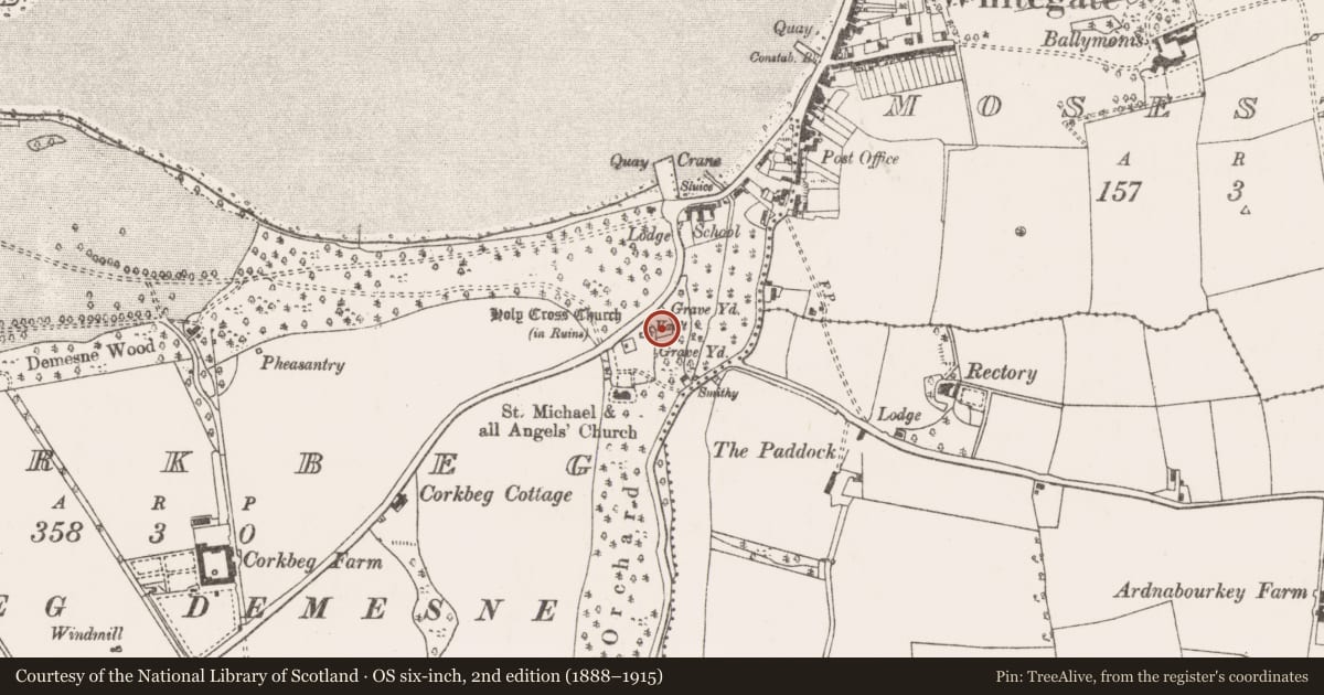 Ordnance Survey six-inch map, 2nd edition (1888–1915) covering the location of Graveyard, Corkbeg, County Cork, with a pin at the register's coordinates