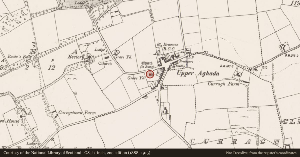 Ordnance Survey six-inch map, 2nd edition (1888–1915) covering the location of Church, Aghada, County Cork, with a pin at the register's coordinates