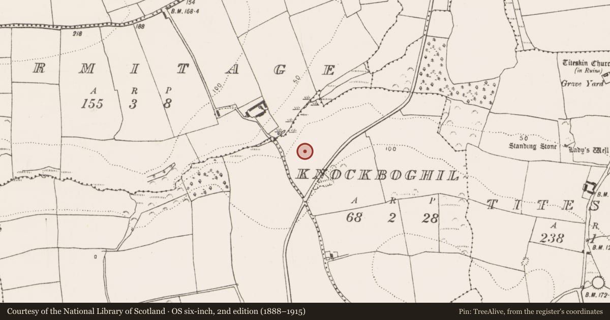 Ordnance Survey six-inch map, 2nd edition (1888–1915) covering the location of Enclosure, Knockboghil, County Cork, with a pin at the register's coordinates