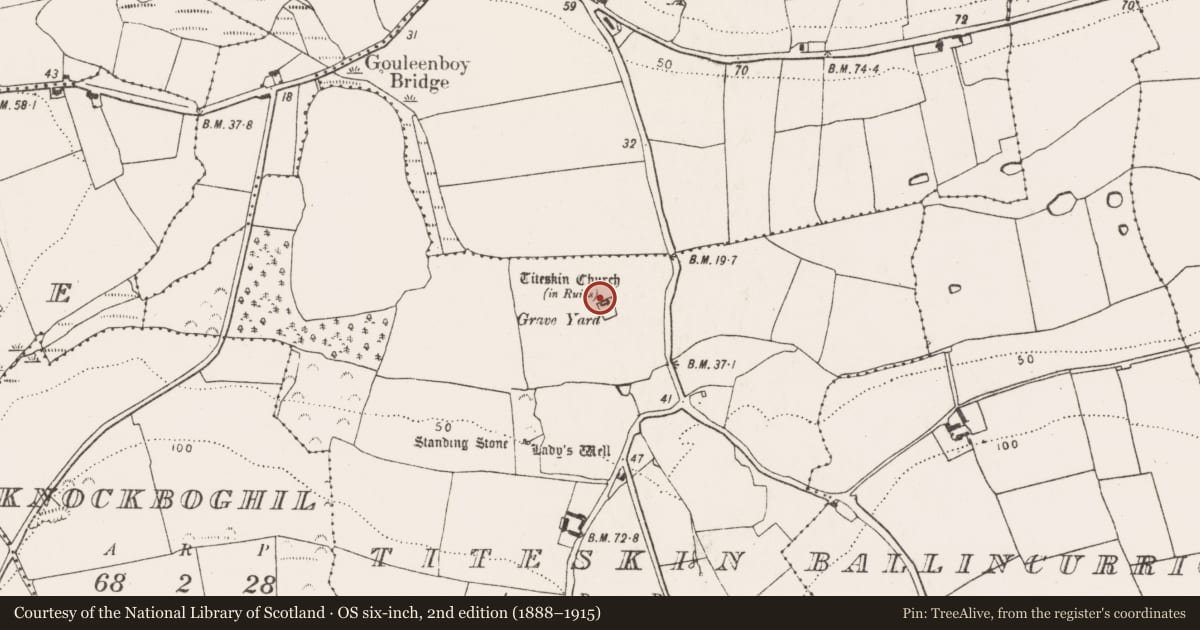 Ordnance Survey six-inch map, 2nd edition (1888–1915) covering the location of Church, Titeskin, County Cork, with a pin at the register's coordinates