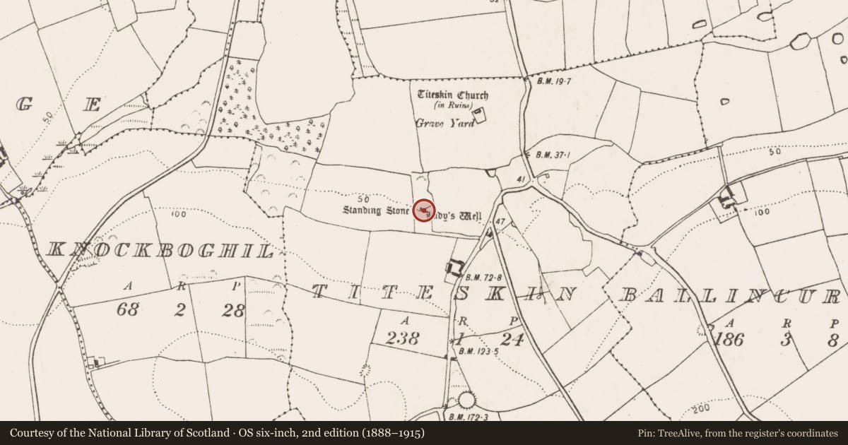 Ordnance Survey six-inch map, 2nd edition (1888–1915) covering the location of Ritual site - holy well, Titeskin, County Cork, with a pin at the register's coordinates