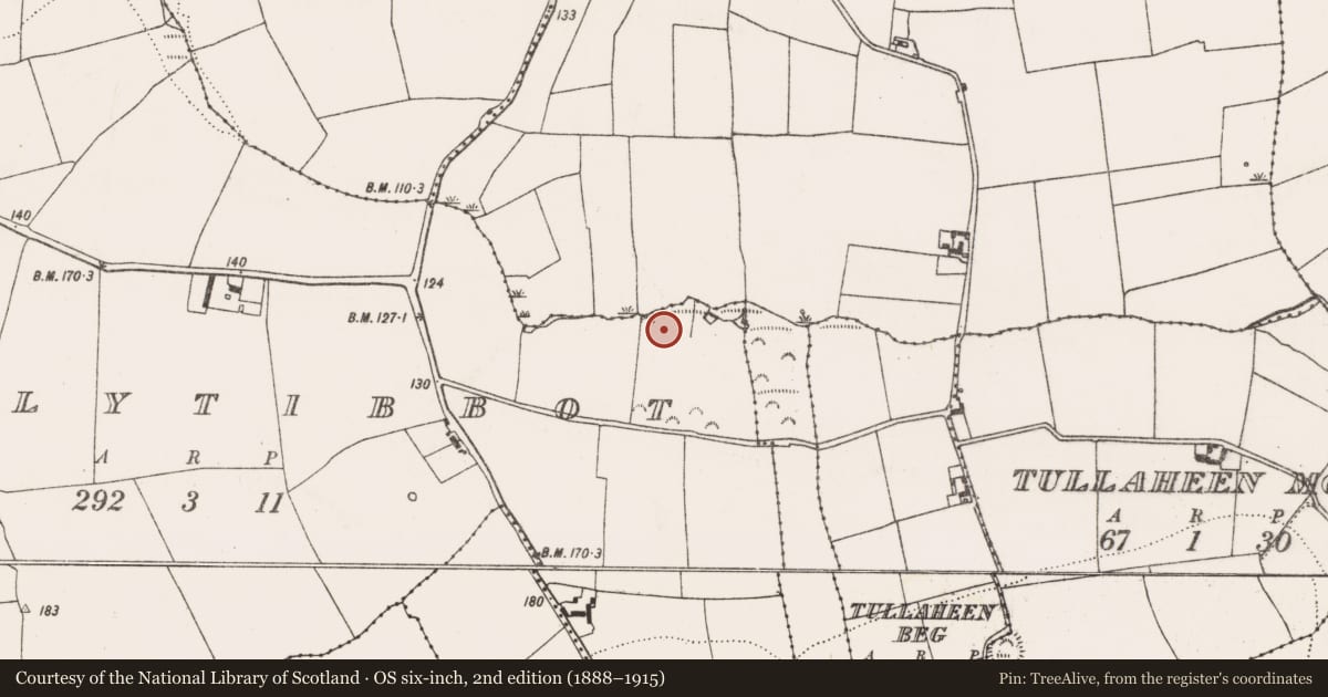 Ordnance Survey six-inch map, 2nd edition (1888–1915) covering the location of Fulacht fia, Ballytibbot, County Cork, with a pin at the register's coordinates