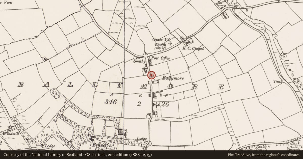 Ordnance Survey six-inch map, 2nd edition (1888–1915) covering the location of House - vernacular house, Ballymore, County Cork, with a pin at the register's coordinates