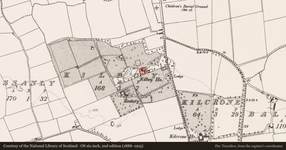 Ordnance Survey six-inch map, 2nd edition (1888–1915) covering the location of Country house, Kilboy, County Cork, with a pin at the register's coordinates
