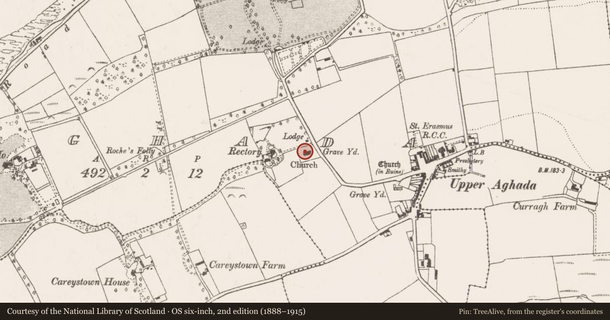 Ordnance Survey six-inch map, 2nd edition (1888–1915) covering the location of Church, Aghada, County Cork, with a pin at the register's coordinates