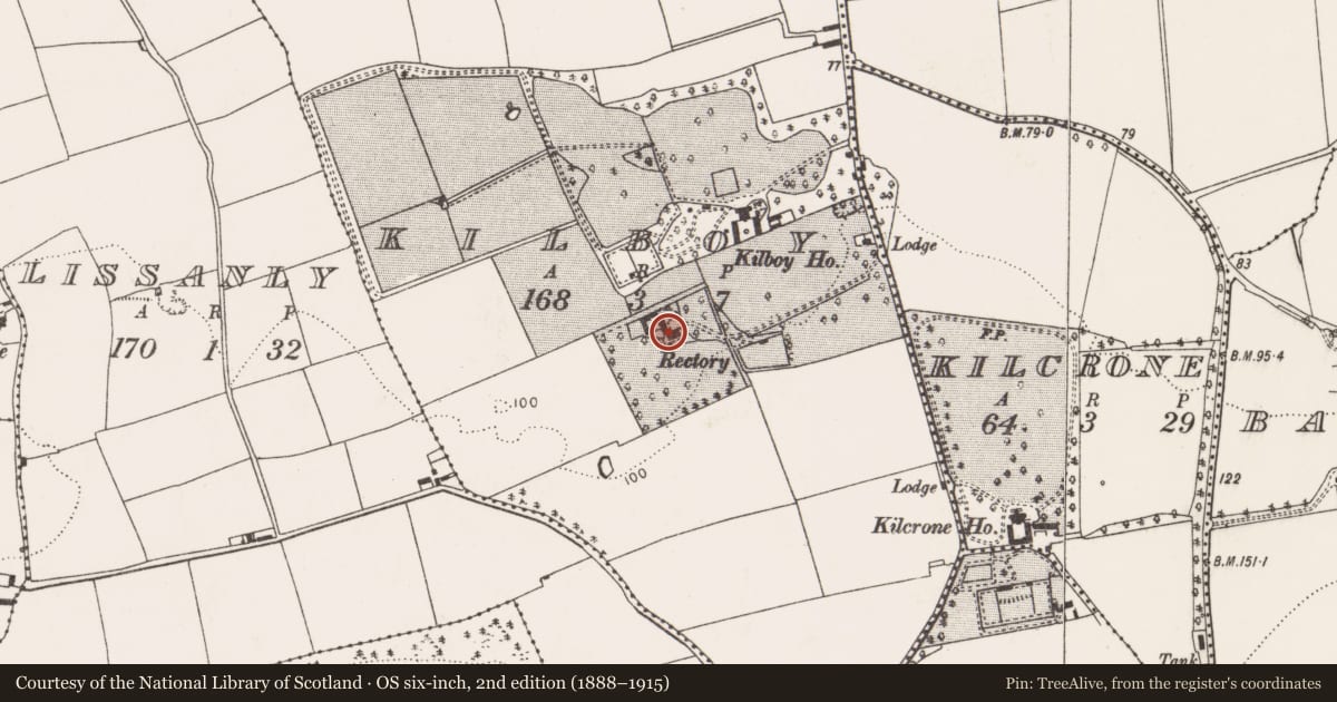 Ordnance Survey six-inch map, 2nd edition (1888–1915) covering the location of Church, Kilboy, County Cork, with a pin at the register's coordinates