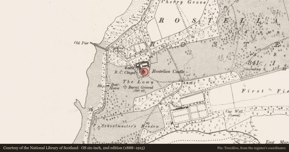 Ordnance Survey six-inch map, 2nd edition (1888–1915) covering the location of Country house, Rostellan, County Cork, with a pin at the register's coordinates