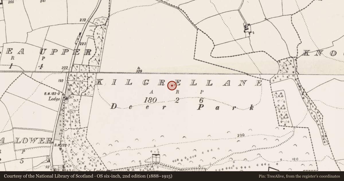 Ordnance Survey six-inch map, 2nd edition (1888–1915) covering the location of Earthwork, Kilgrellane, County Cork, with a pin at the register's coordinates
