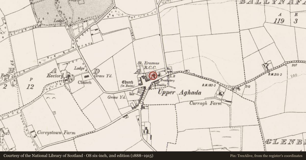 Ordnance Survey six-inch map, 2nd edition (1888–1915) covering the location of Church, Aghada, County Cork, with a pin at the register's coordinates