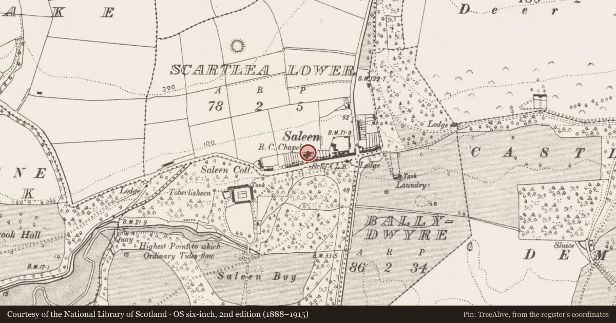 Ordnance Survey six-inch map, 2nd edition (1888–1915) covering the location of Church, Scartlea Lower, County Cork, with a pin at the register's coordinates