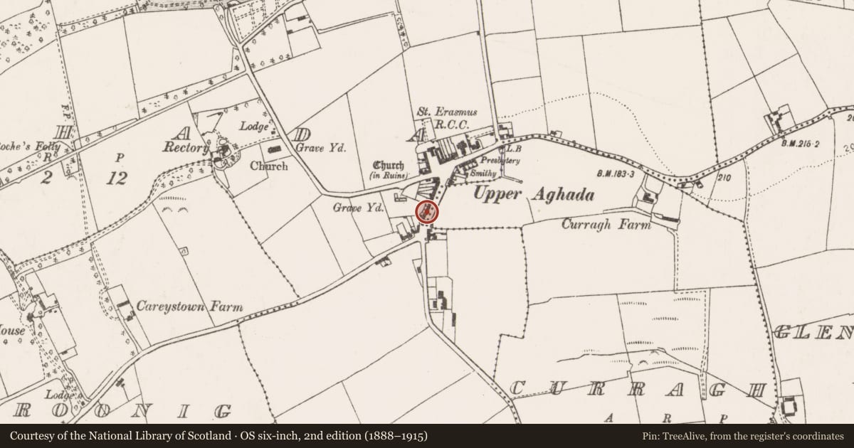 Ordnance Survey six-inch map, 2nd edition (1888–1915) covering the location of Metalworking site, Aghada, County Cork, with a pin at the register's coordinates
