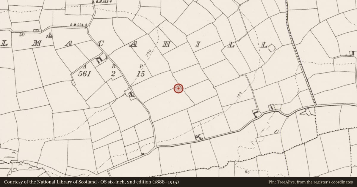 Ordnance Survey six-inch map, 2nd edition (1888–1915) covering the location of Burial ground, Kilmacahill, County Cork, with a pin at the register's coordinates