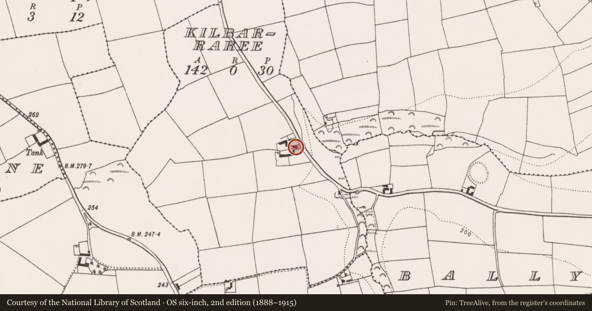 Ordnance Survey six-inch map, 2nd edition (1888–1915) covering the location of Burial ground, Kilbarraree, County Cork, with a pin at the register's coordinates