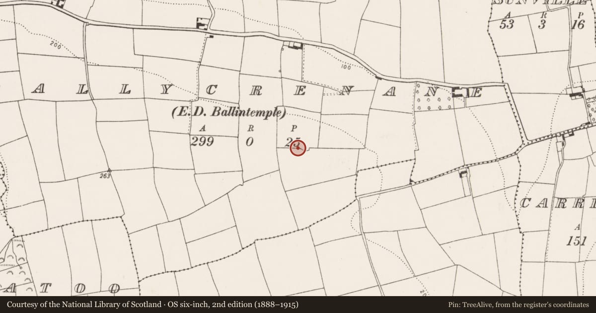Ordnance Survey six-inch map, 2nd edition (1888–1915) covering the location of Enclosure, Ballycrenane (Imokilly By., Cloyne Par.), County Cork, with a pin at the register's coordinates