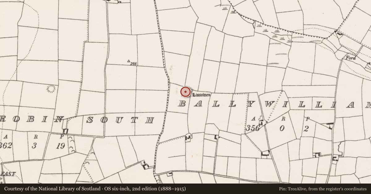 Ordnance Survey six-inch map, 2nd edition (1888–1915) covering the location of Enclosure, Ballywilliam, County Cork, with a pin at the register's coordinates